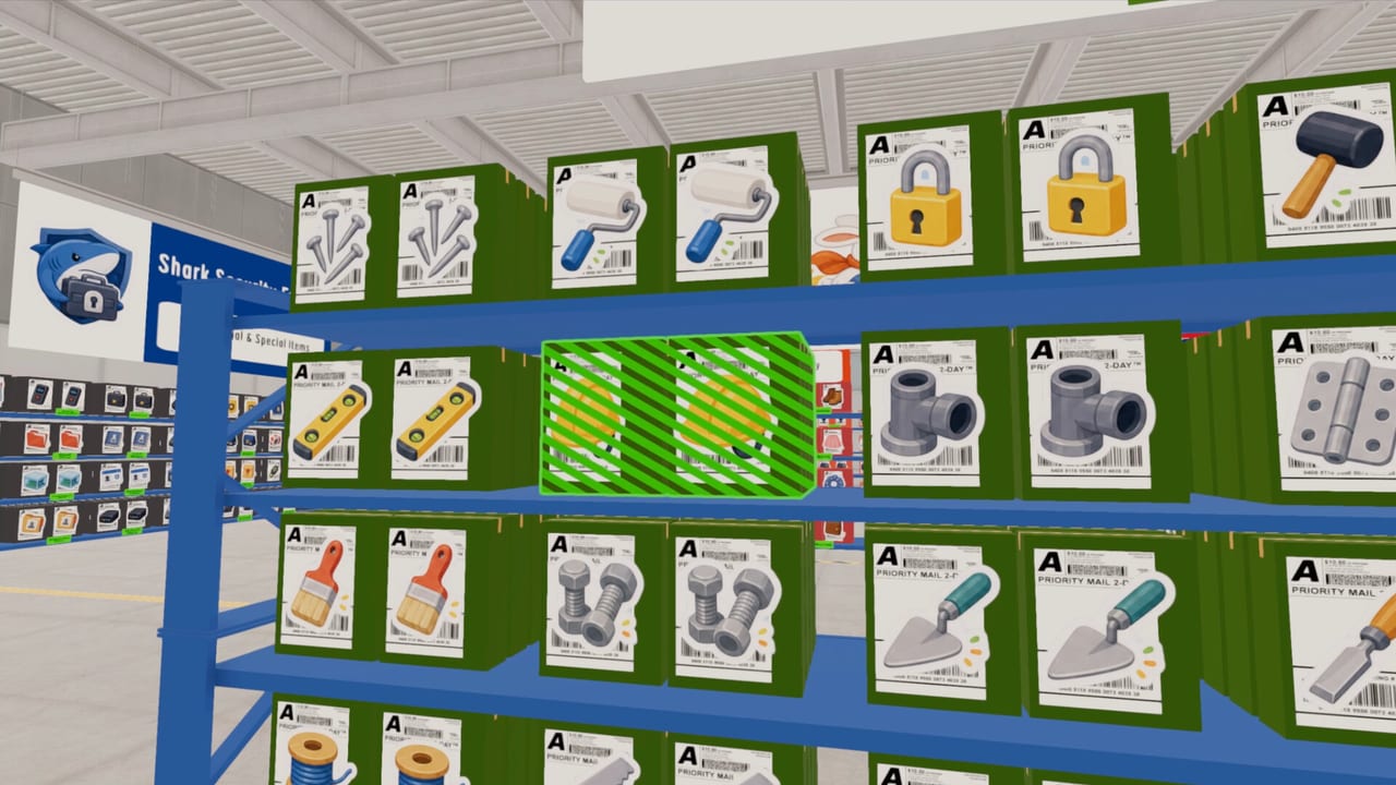 Package Chaos warehouse overview showing shelves, stacked boxes, and the sorting floor